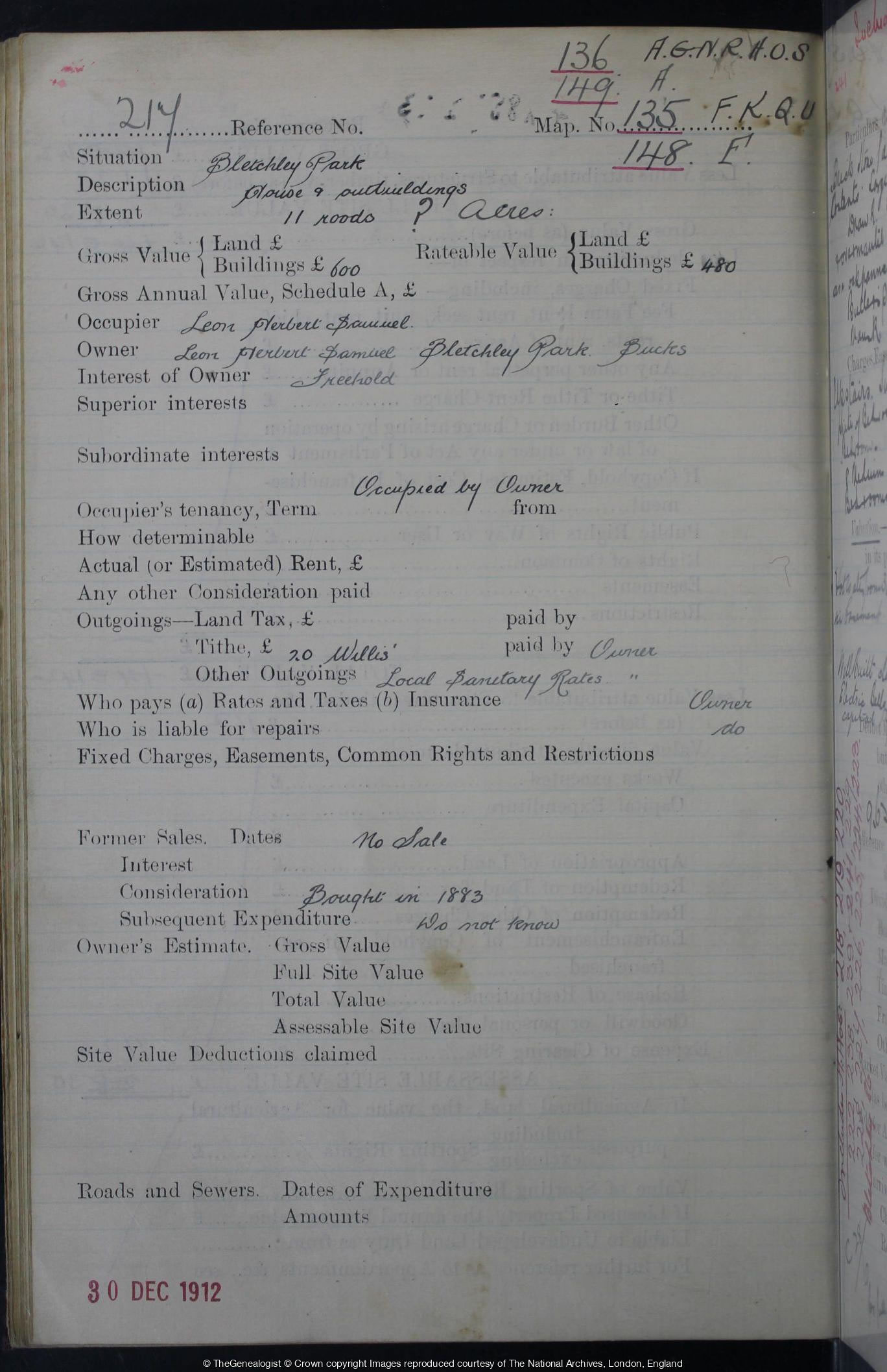 Field book for the Lloyd George Domesday Survey of Bletchley Park 30 December 1912
