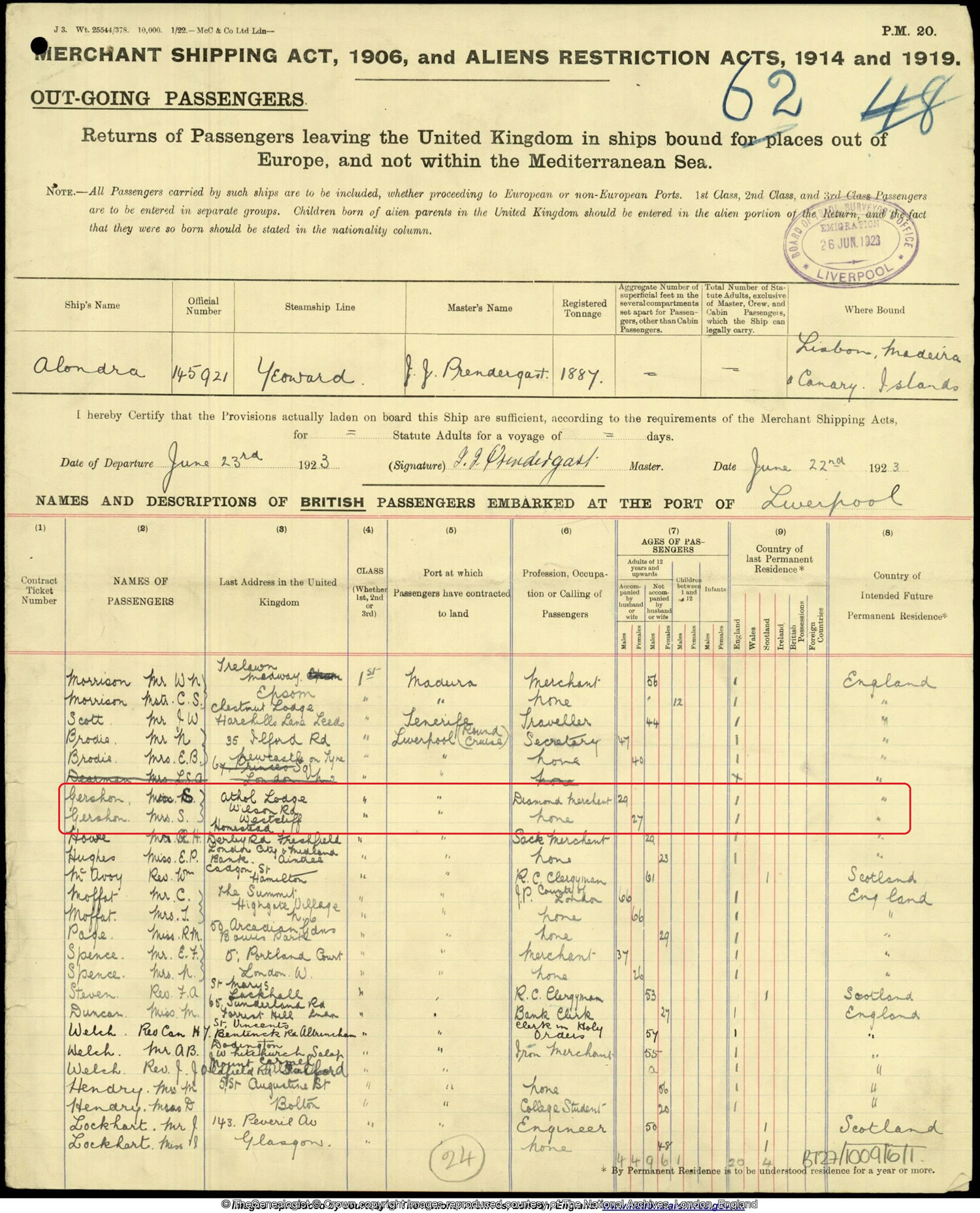 Outbound passenger list on TheGenealogist from Liverpool to Lisbon, Madeira and the Canary Islands in June 1923