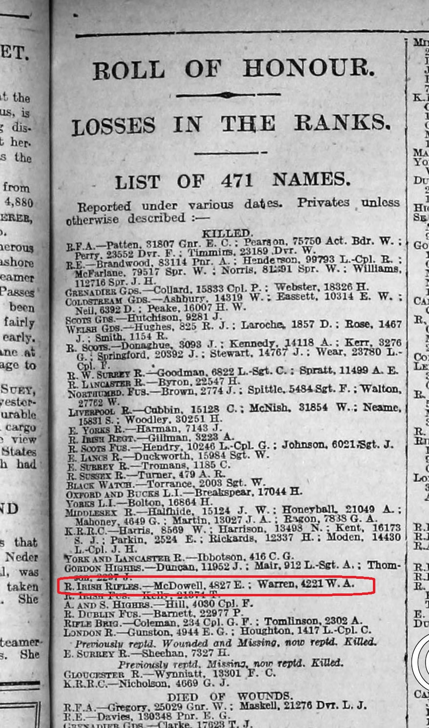 Casualty Records for July 11, 1916 in the Military records on TheGenealogist reports E McDowell as Killed in Action.