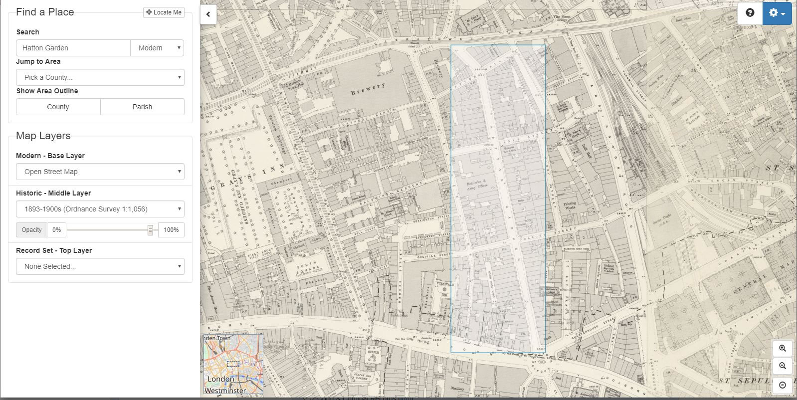 Historical map of Hatton Garden from TheGenealogist's Map Explorer tool identifying the road