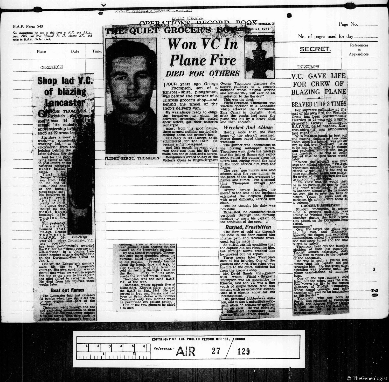 An unusual Air 27 record including newspaper clippings reporting F/Sgt George Thompson's posthumous award of the Victoria Cross in 1945