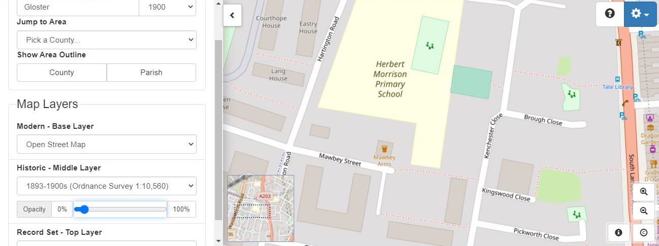 The exact same area on the georeferenced modern map layer