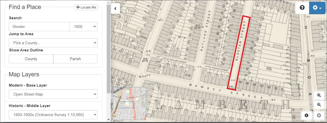 Gloster Street, Lambeth in the 1900s on Map Explorer™