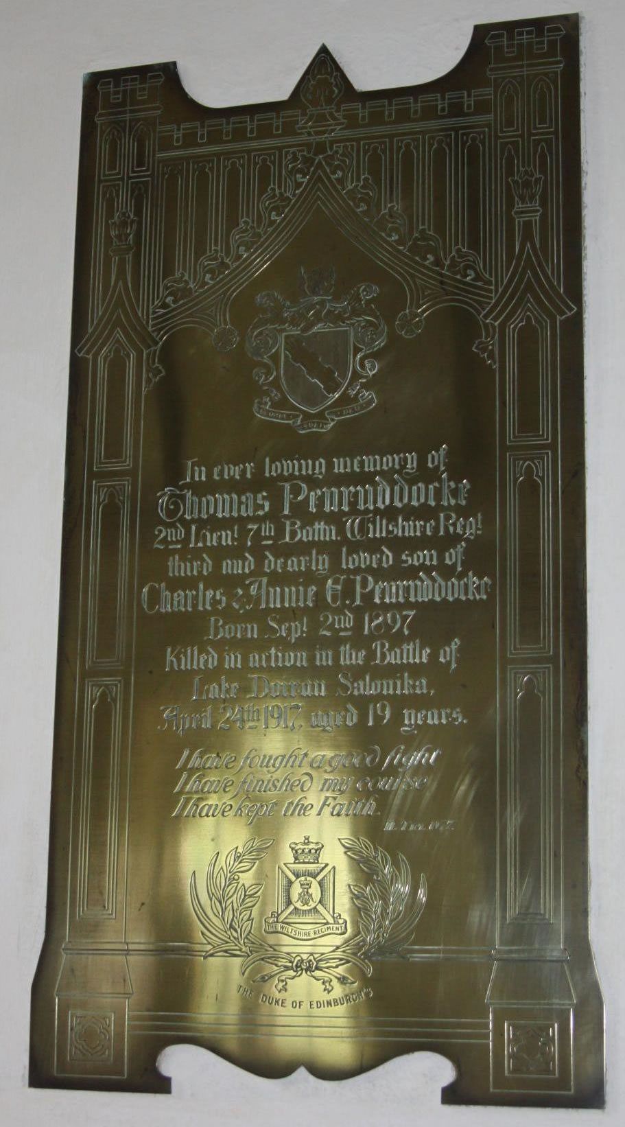 2nd Lt Thomas Penruddocke commemorated inside the church would have been buried near where he fell in Salonica