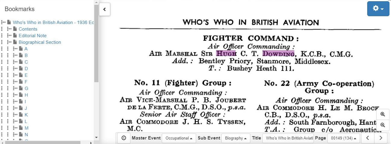 Who's Who in British Aviation 1936 – Sir Hugh Dowding recorded as Air Officer Commanding Fighter Command