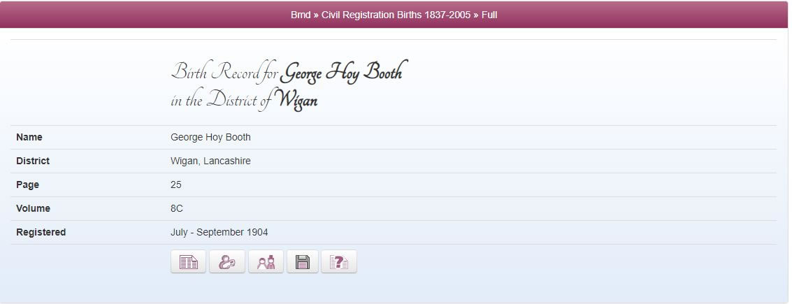 George Hoy Booth's Birth Record, 1904