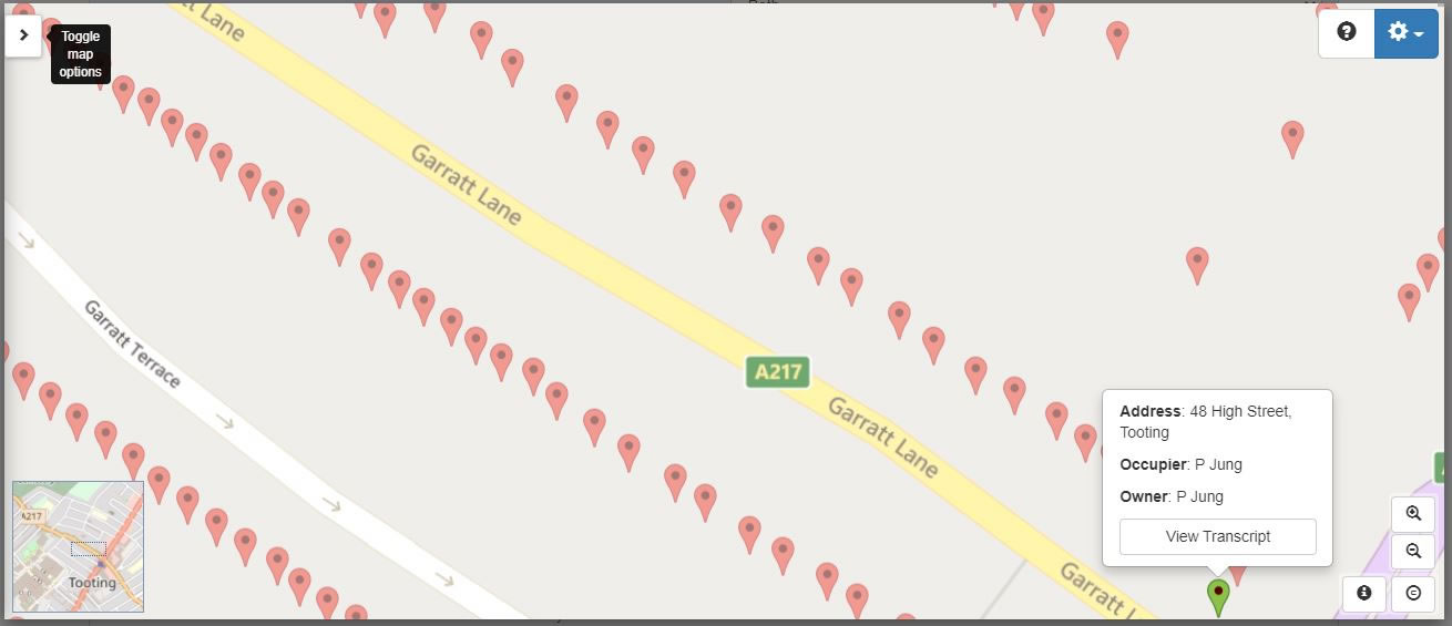 Modern map georeferenced to the same coordinates shows Garratt Lane