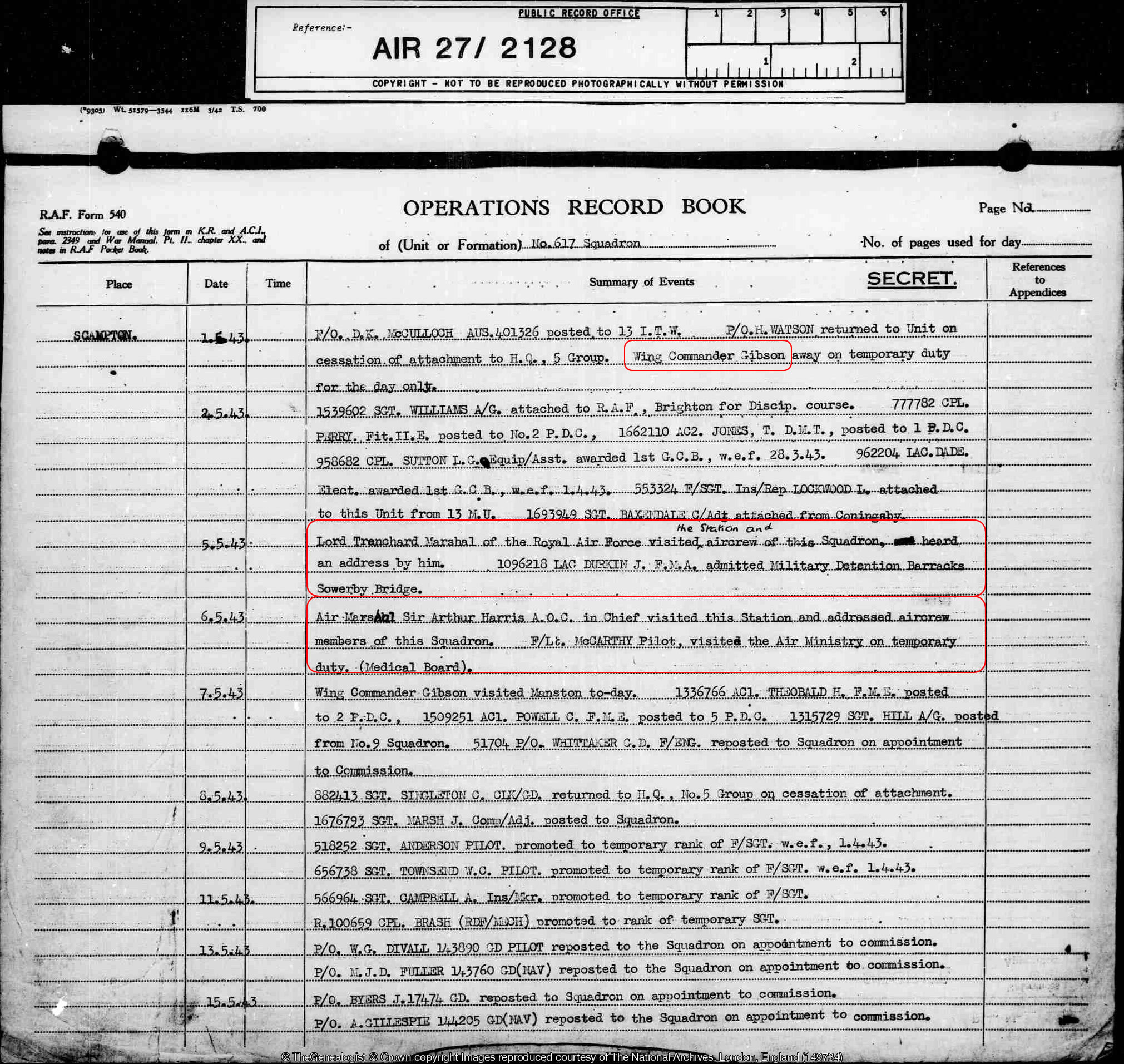 ORB record on TheGenealogist for the Dambuster Squadron AIR27/2128 IMAGE 5