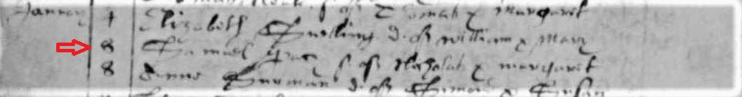 Image of the entry in the Parish Register for Samuel Pacy's baptism 8 January 1623