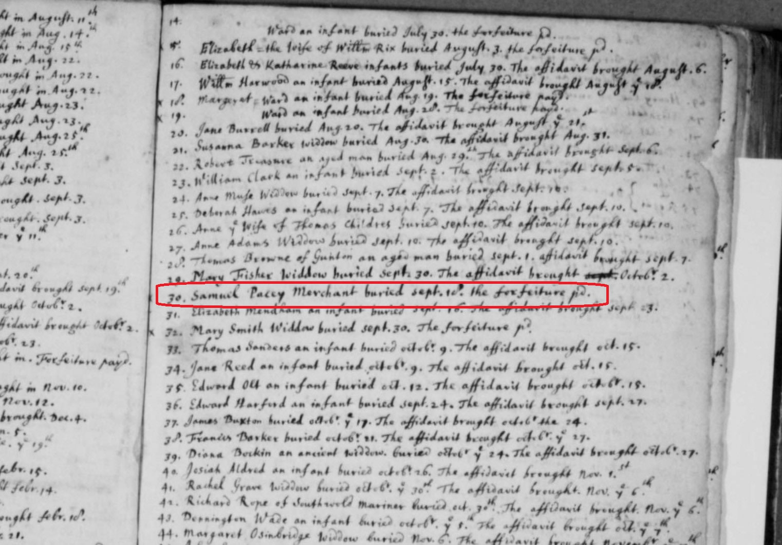 Burial of Samuel Pacey, Merchant, 18 September 1680 (note alternative spelling of his surname) in the Parish Register for St Margaret's Lowestoft as seen on TheGenealogist.