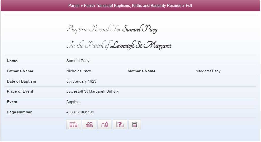 Transcript of the baptism record for Samuel Pacy from TheGenealogist's Parish Records Collection with SmartSearch buttons below.