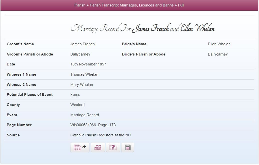 Irish Marriage Record for George Harrison's great grandparents in Wexford 1857