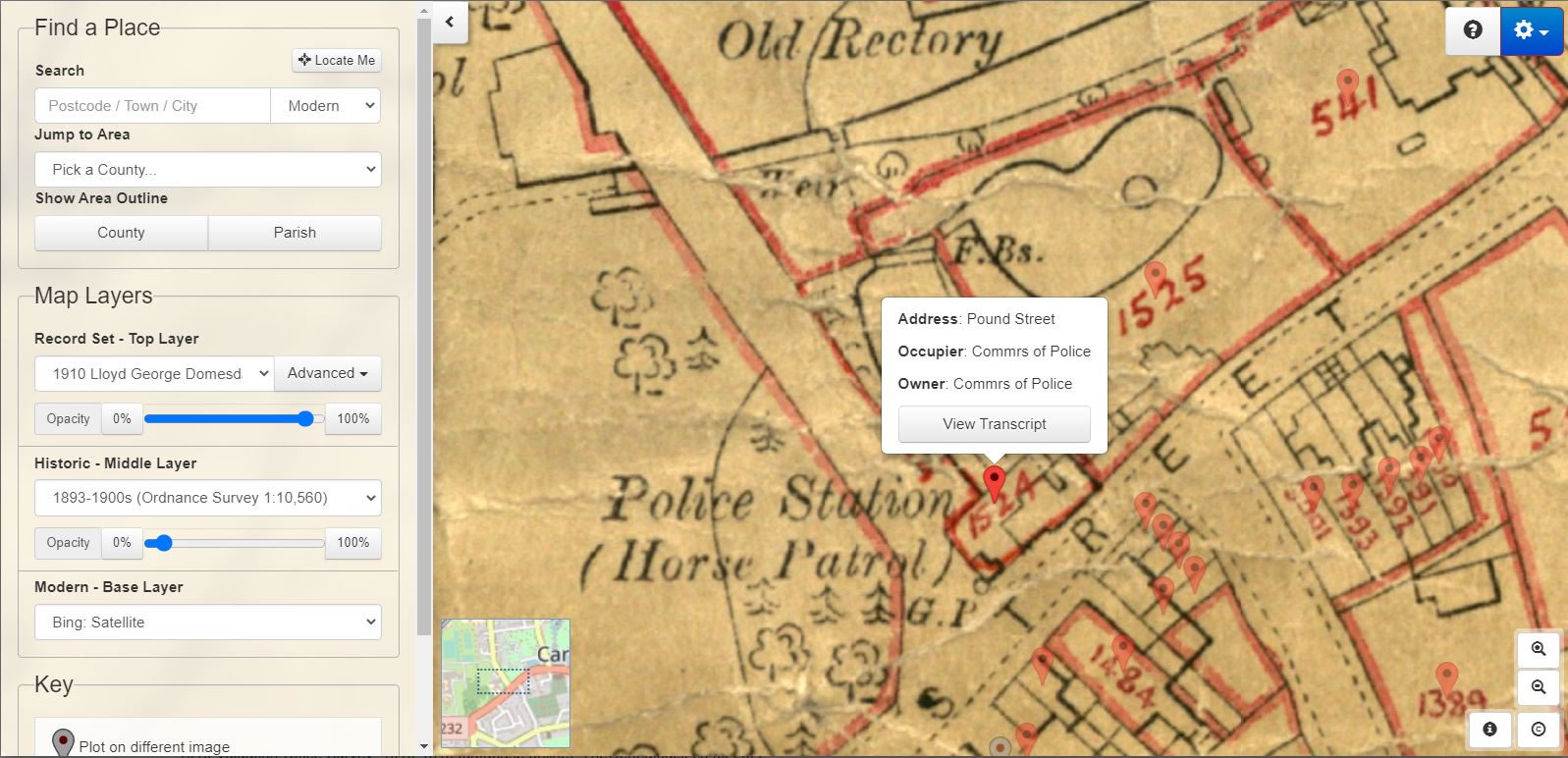 The Police Station on the large scale Ordnance Survey Map used in the Lloyd George Domesday Survey and
				identified by a pin on TheGenealogist's Map Explorer™