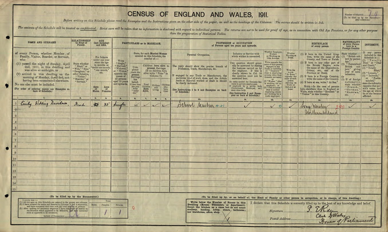 Emily Davidson 1911 Census Image
