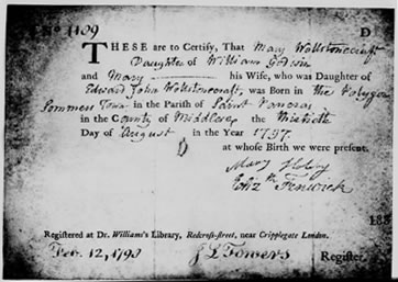Birth Certificate of Mary Godwin, 1797