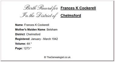 Birth Record for Frances