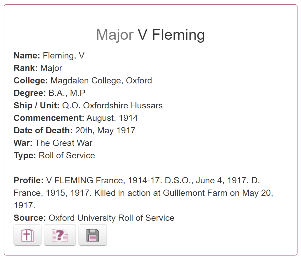 Valentine Fleming in the Oxford University Roll of Service