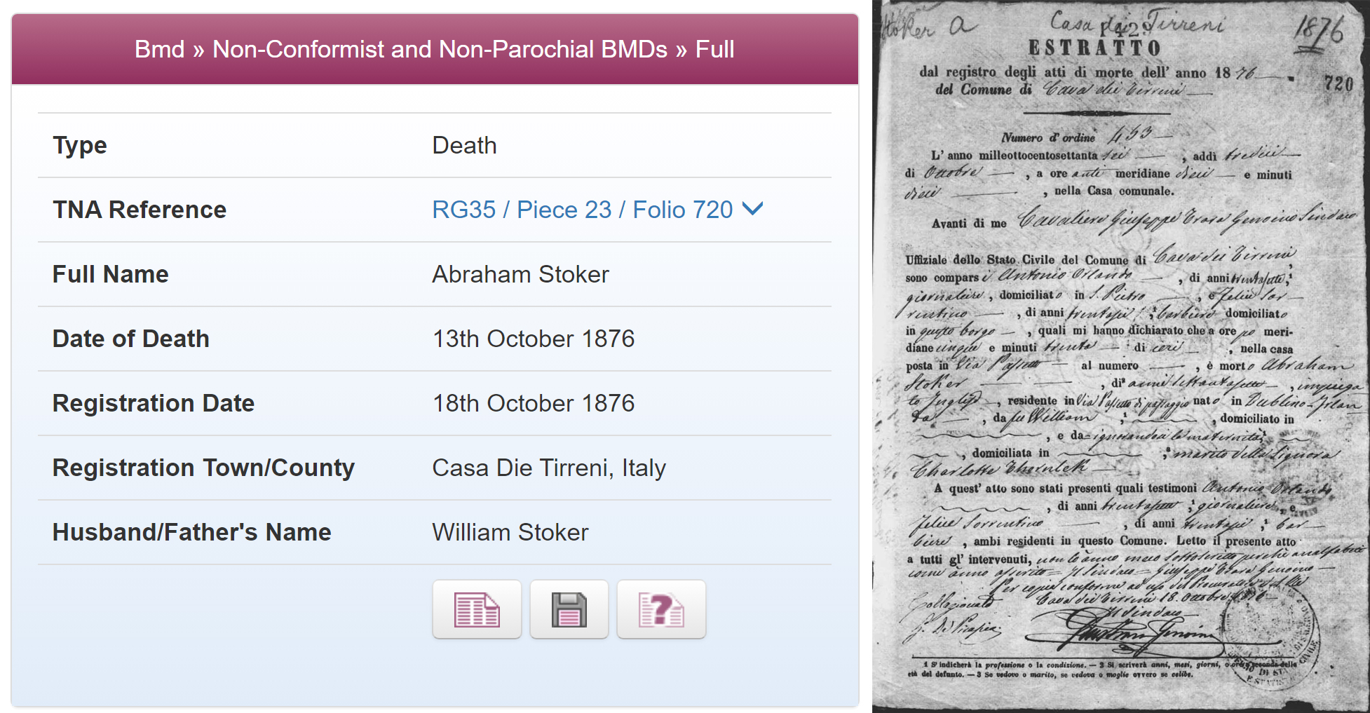 Abraham Stoker's death record in the Non-Conformist Registers at TheGenealogist.co.uk