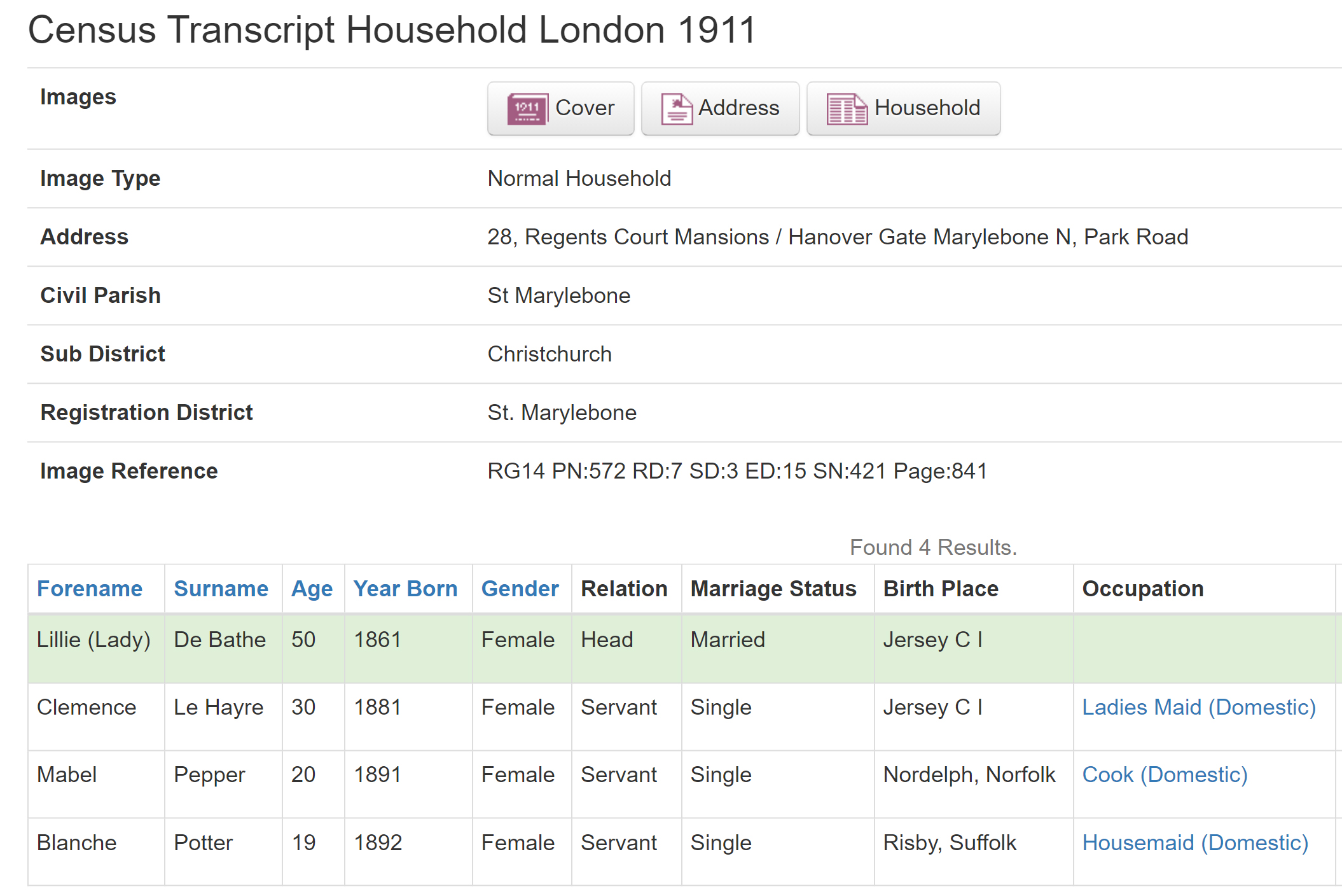 Lillie Langtry in the London 1911 Census