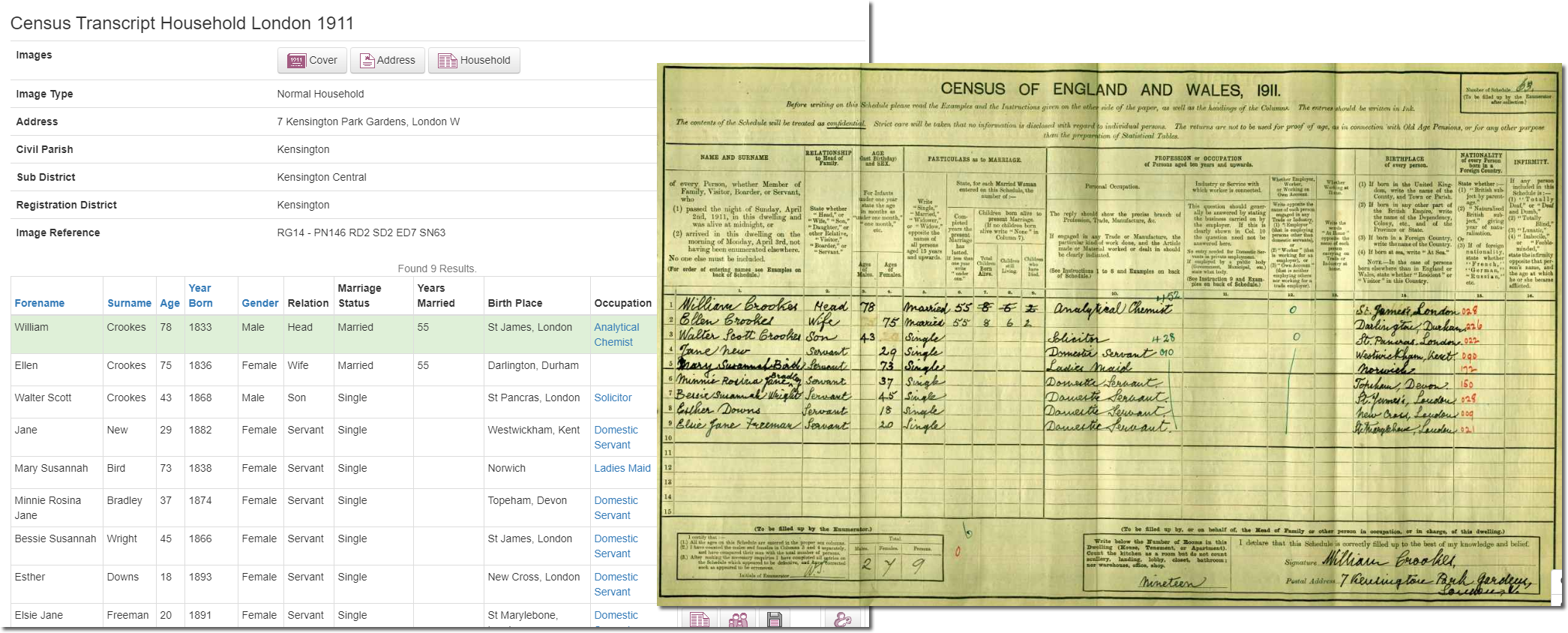 Sir William Crookes in the 1911 Census on TheGenealogist