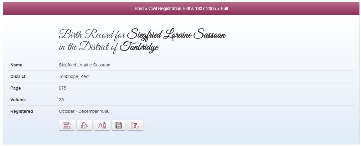 Birth Record for Siegfried Sassoon on TheGenealogist