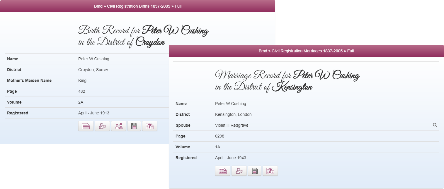 Birth and Marriage record for Peter Cushing on TheGenealogist