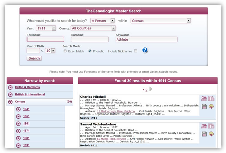 Searching for athletes on TheGenealogist