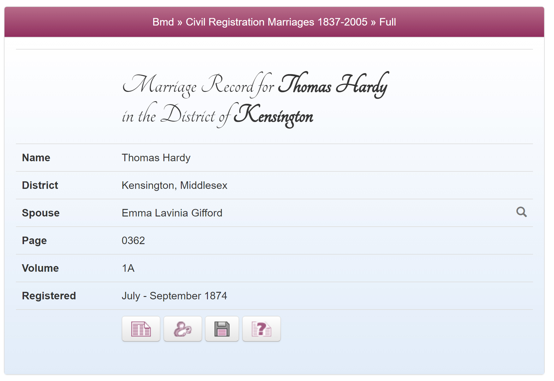 Using the 1911 Marriage Finder Tool to find Thomas Hardy's marriage