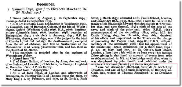 Marriage of Samuel Pepys and Elizabeth Marchant de St Michell - information about Elizabeth's family
		can be seen in the footnotes.