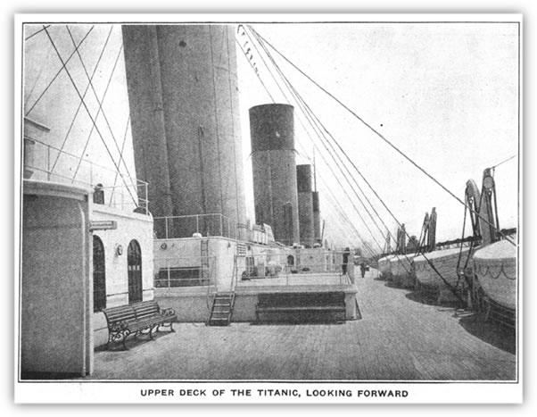 The upper deck of the Titanic, you can see the lifeboats on the right