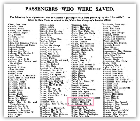 Margaret Devaney is listed as one of the passengers saved