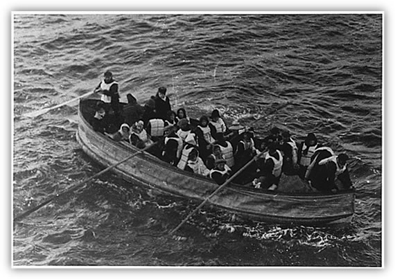 Photograph of a lifeboat carrying Titanic survivors