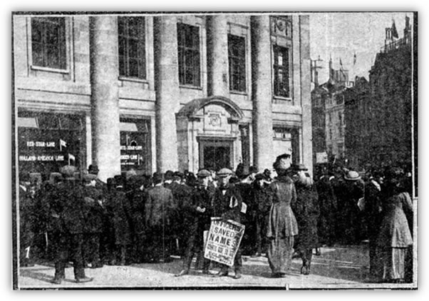 Crowds reading the lists of survivors outside White Star Line Offices in London - from 'The Deathless Story of the Titanic' available on TheGenealogist.co.uk