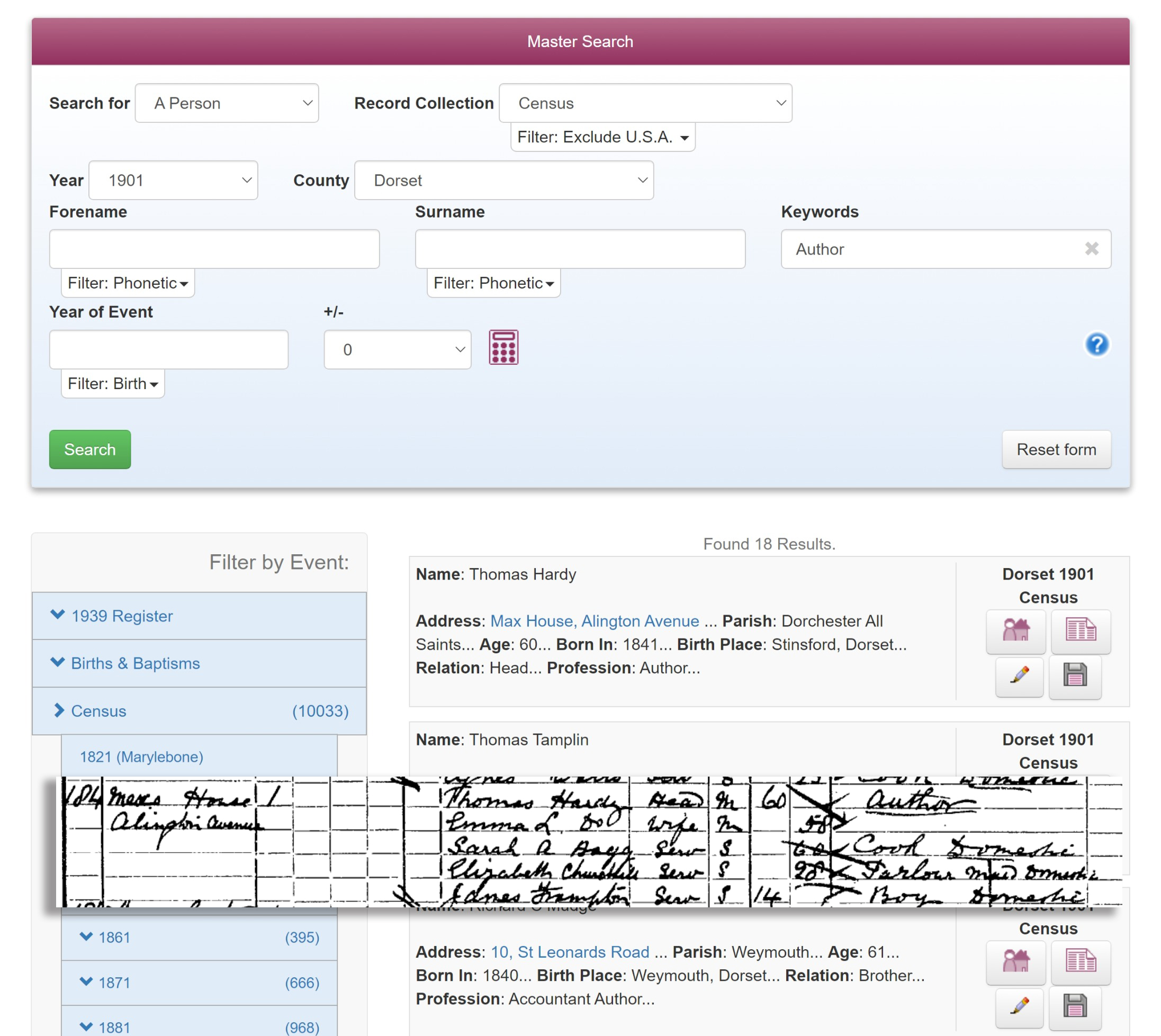 Using TheGenealogist's Keyword Master Search to search for Author's in Dorset