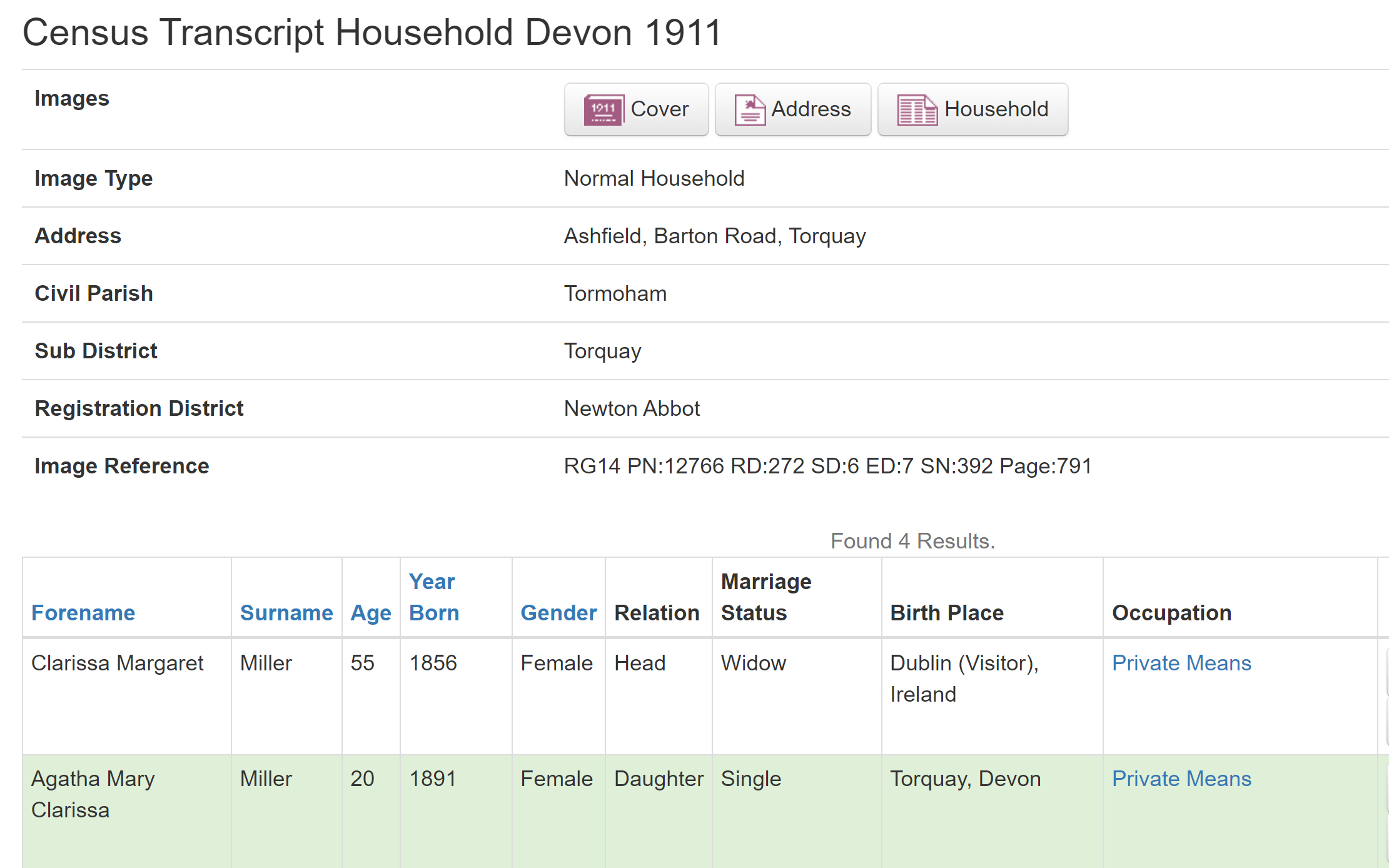 Agatha and her mother Clarissa back at home in Torquay on the 1911 Census
