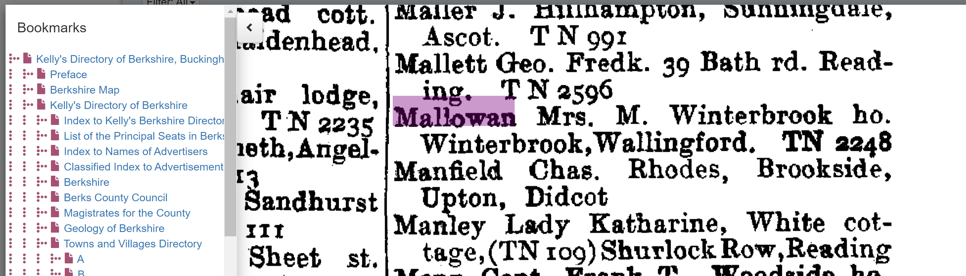 Agatha 'Mrs M Mallowan' in Kelly's Berkshire Directory, 1939