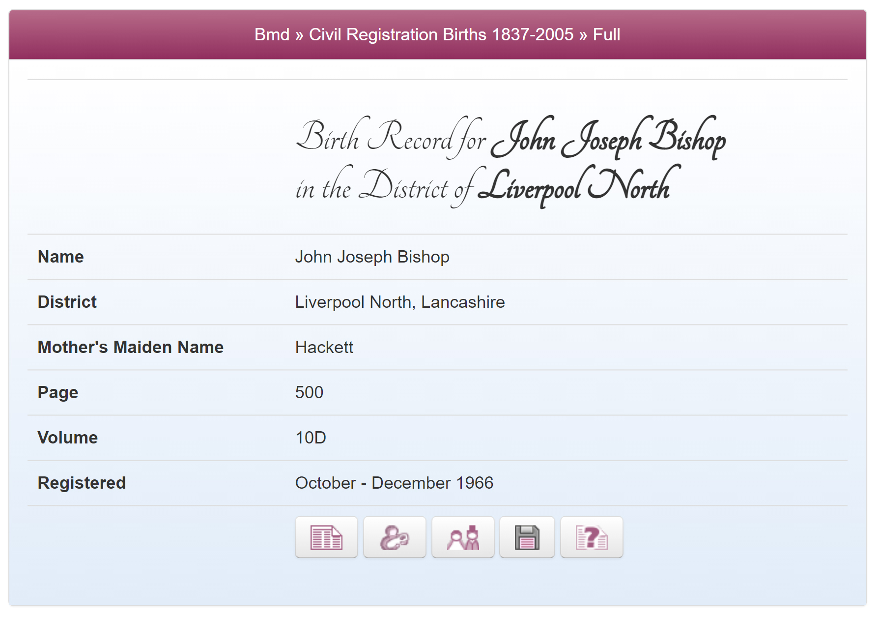 Marriage of John's  parents in 1966 with link in bottom right to view details of potential children