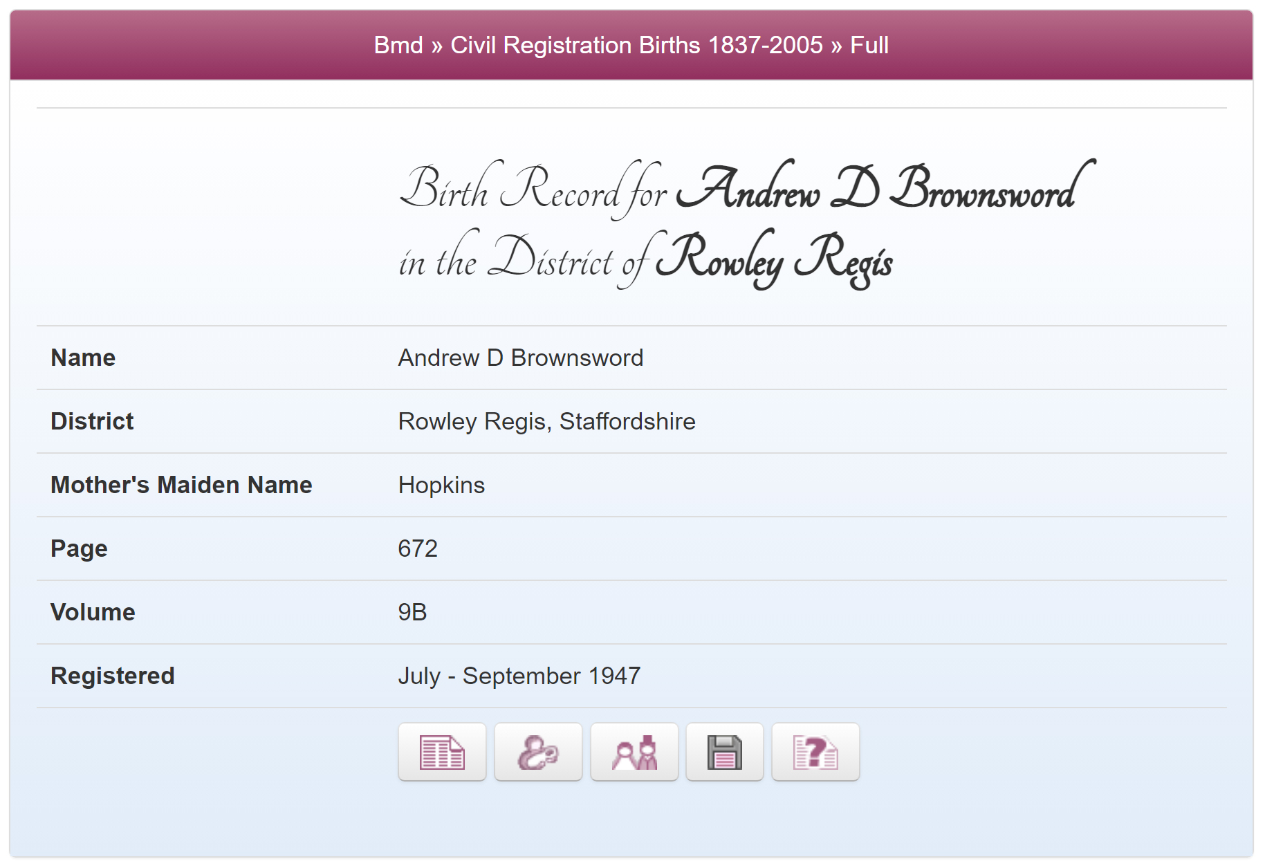 Andrew Brownsword’s birth record at TheGenealogist.co.uk