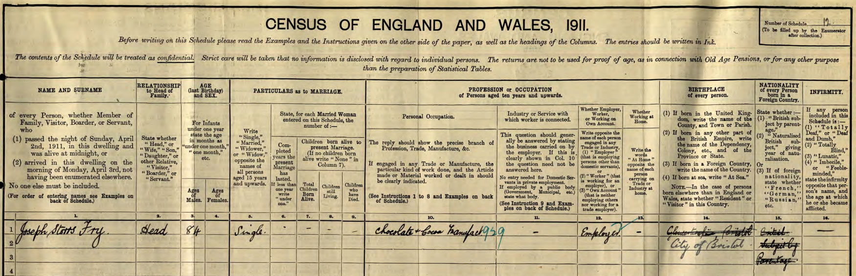 Joseph Storrs Fry II on the 1911 Census
