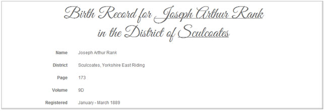Birth record for Joseph Arthur Rank from TheGenealogist.co.uk.