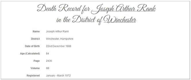 Death record for Joseph Arthur Rank from TheGenealogist.co.uk.