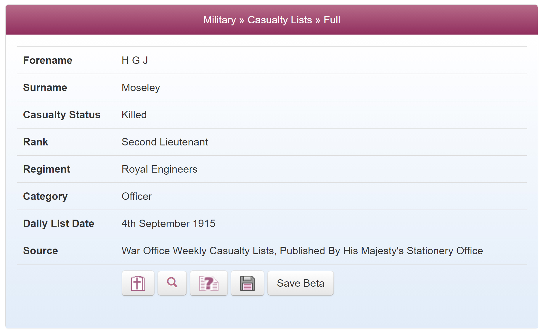 Henry G J Moseley's record in the Casualty Lists