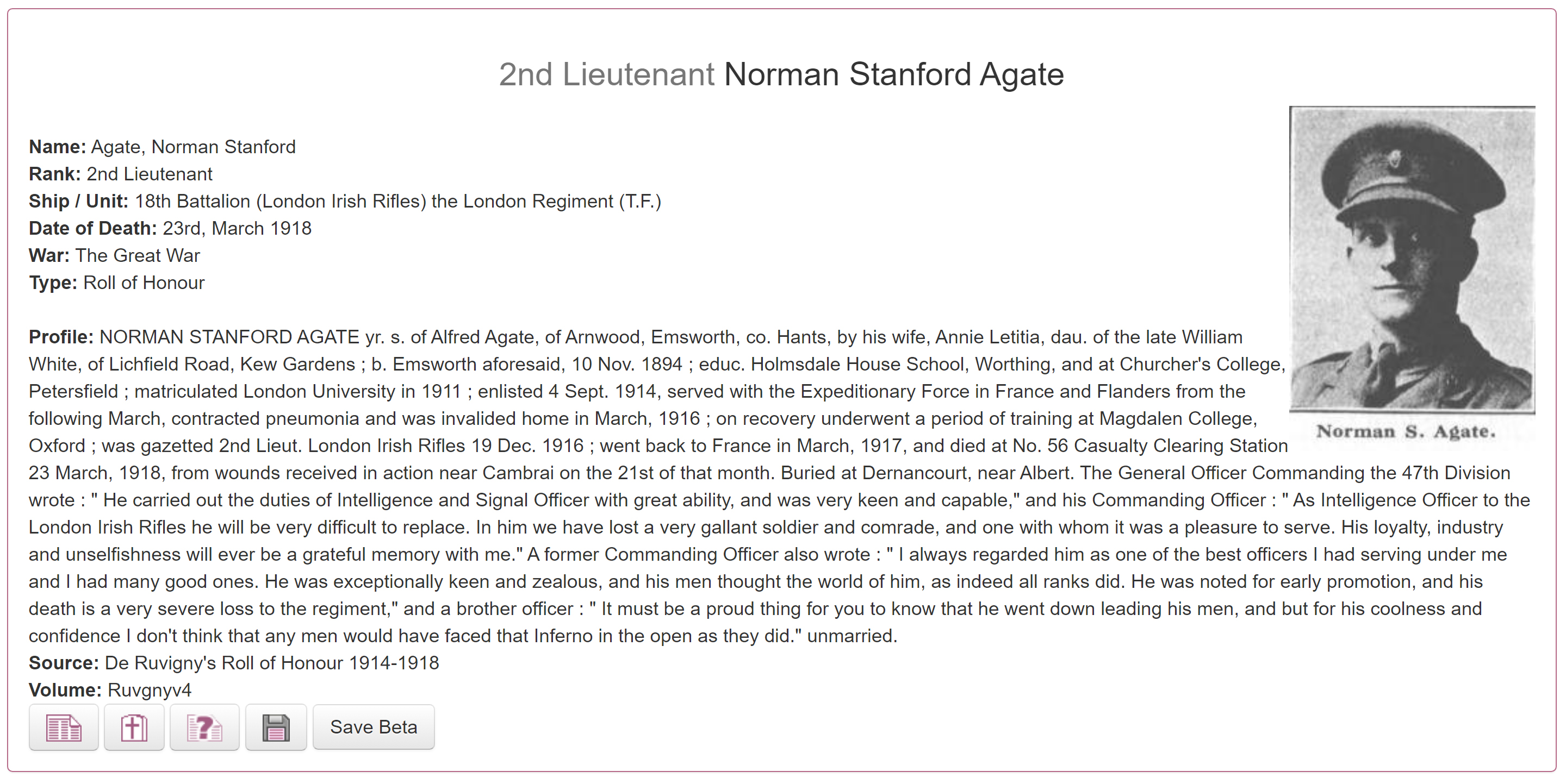 Norman Agate's Roll of Honour record on TheGenealogist.co.uk