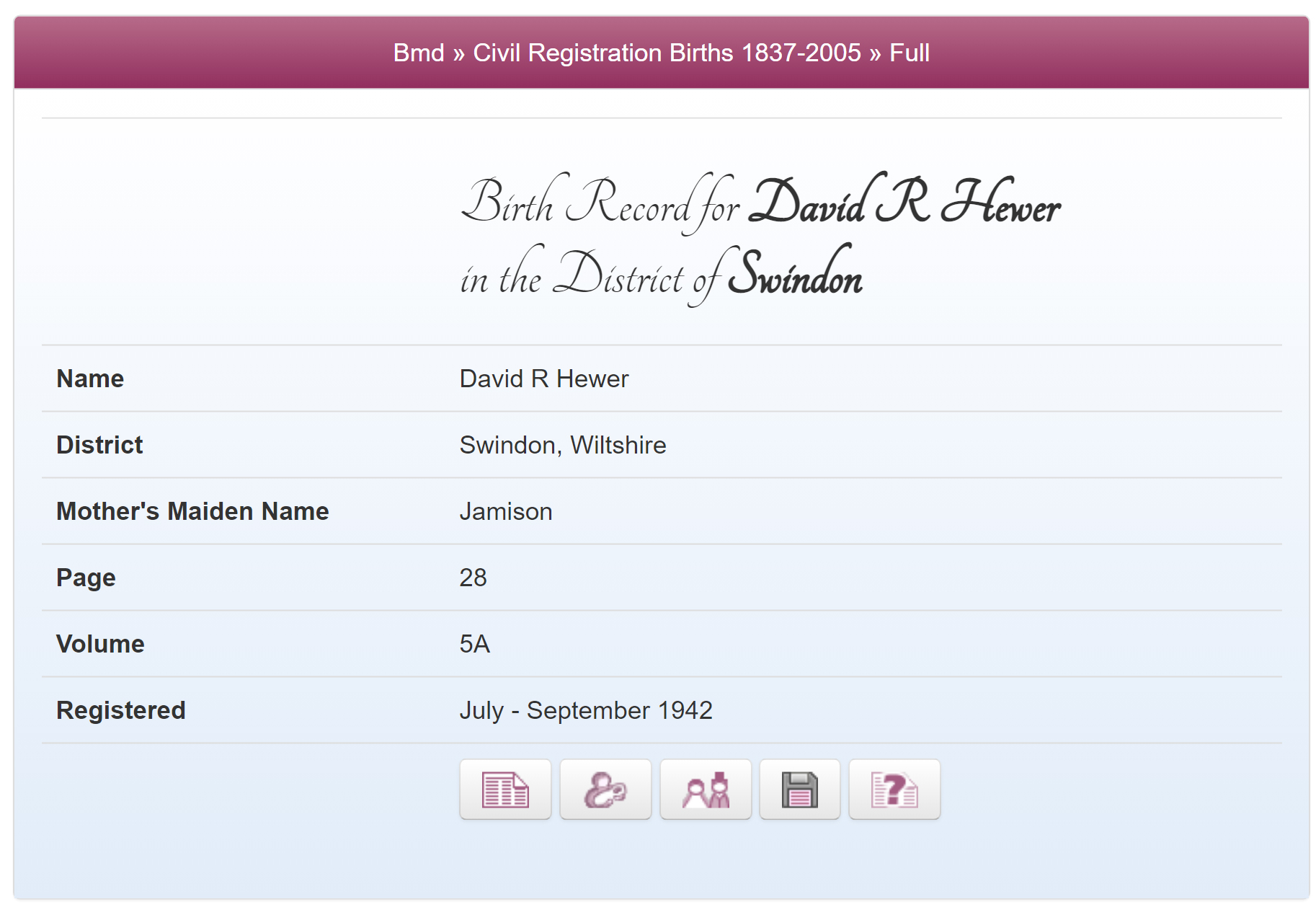 David Hewer's Birth Record