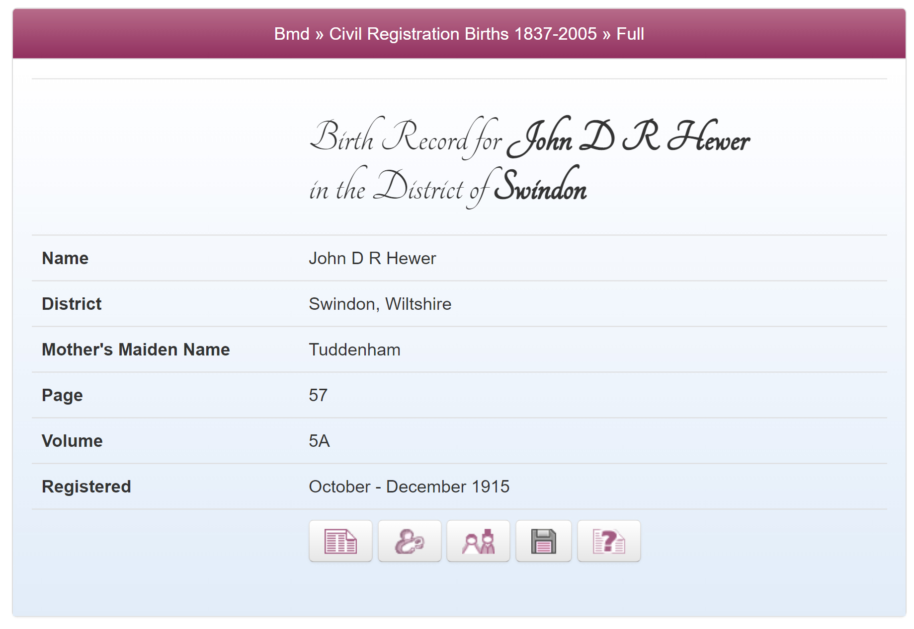 John Hewer's Birth Record