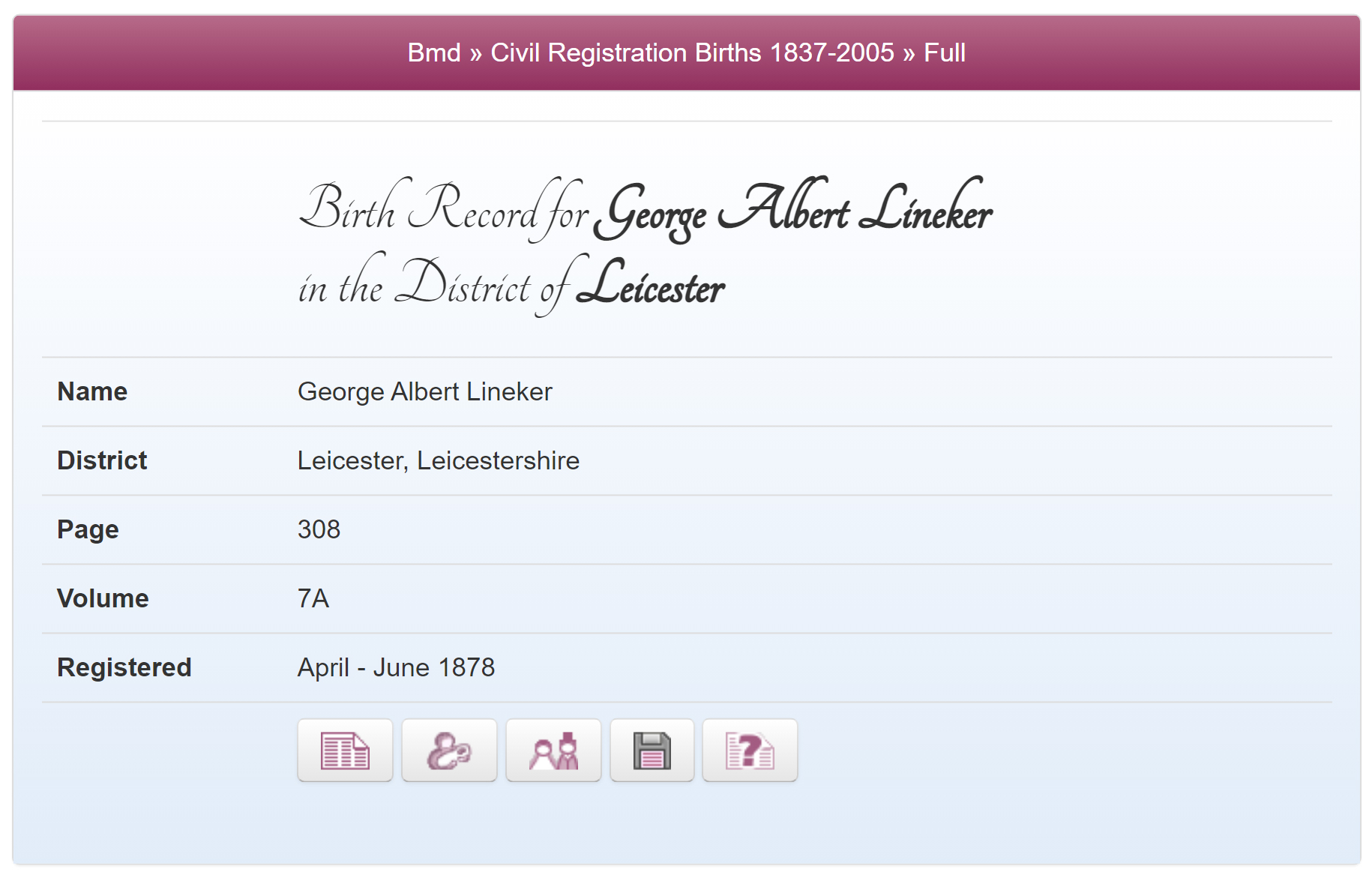 George Albert Lineker's Birth Record