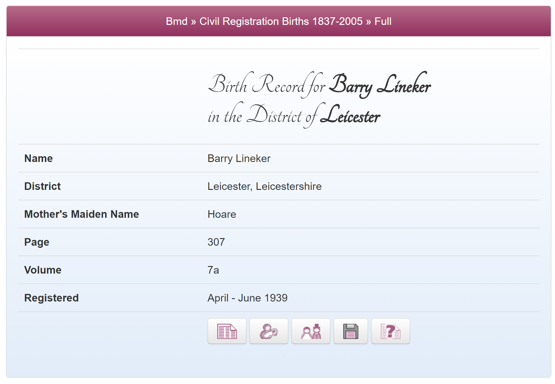 Barry Lineker's Birth Record