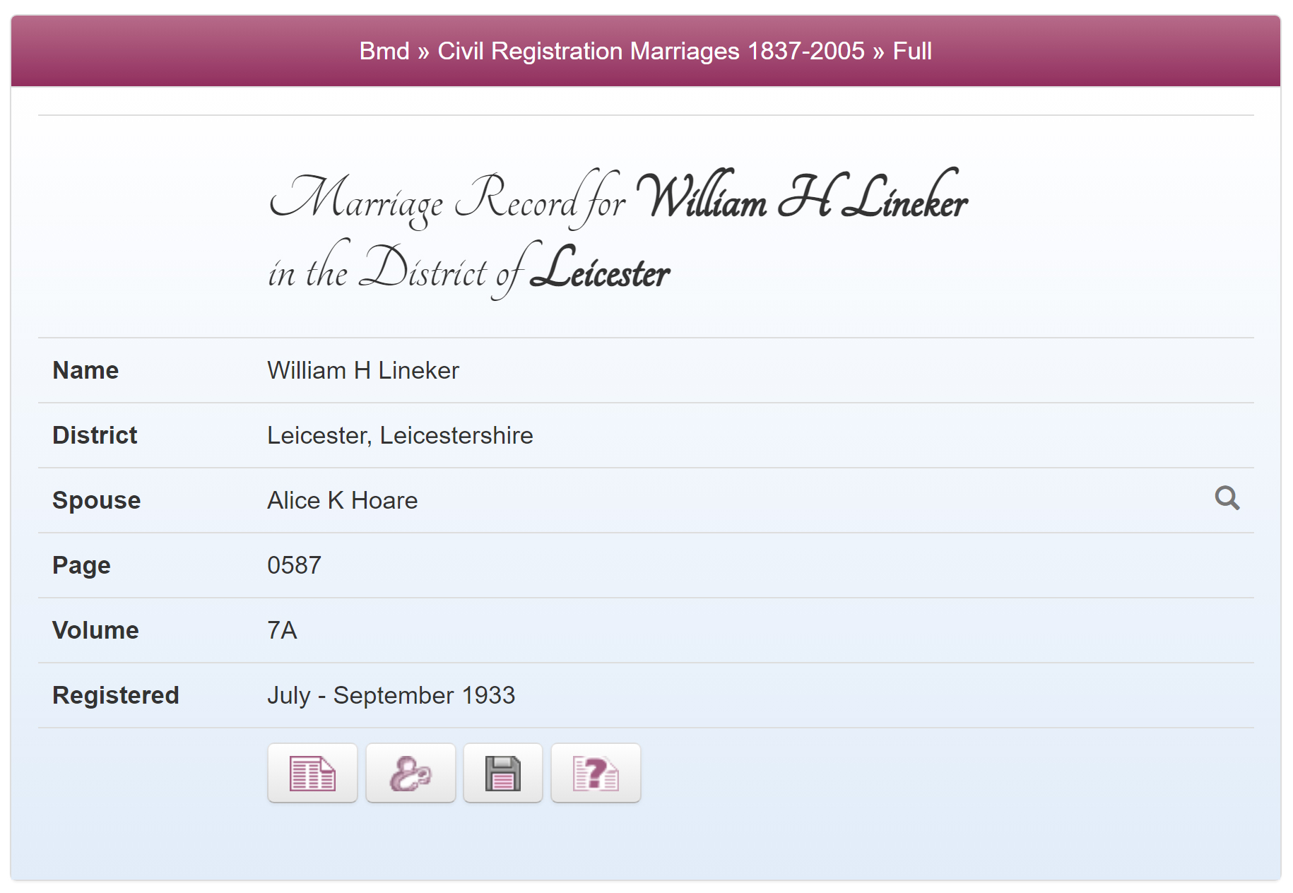 William Lineker and Alice Hoare's Marriage Record