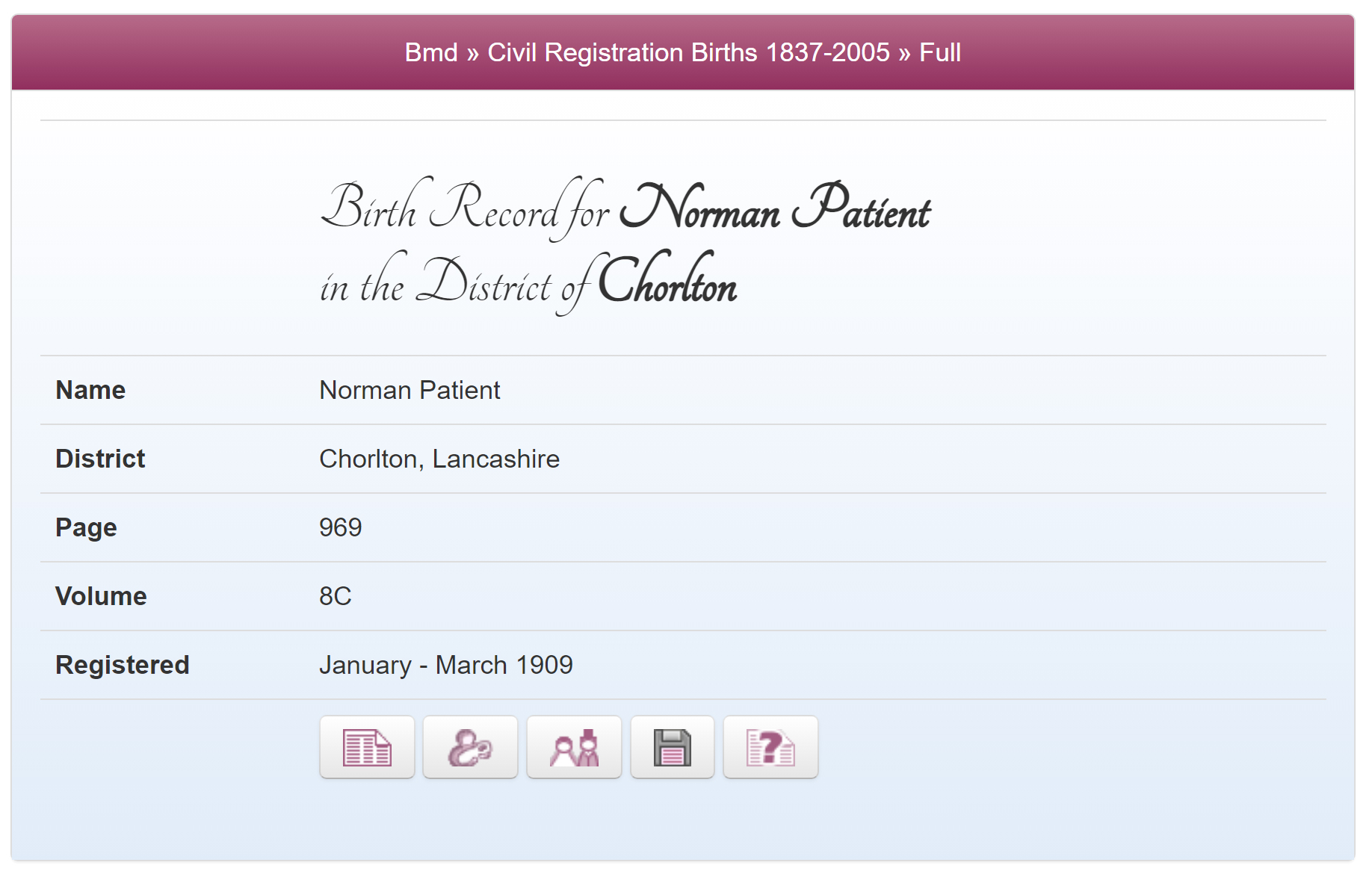 Norman Patient's birth record