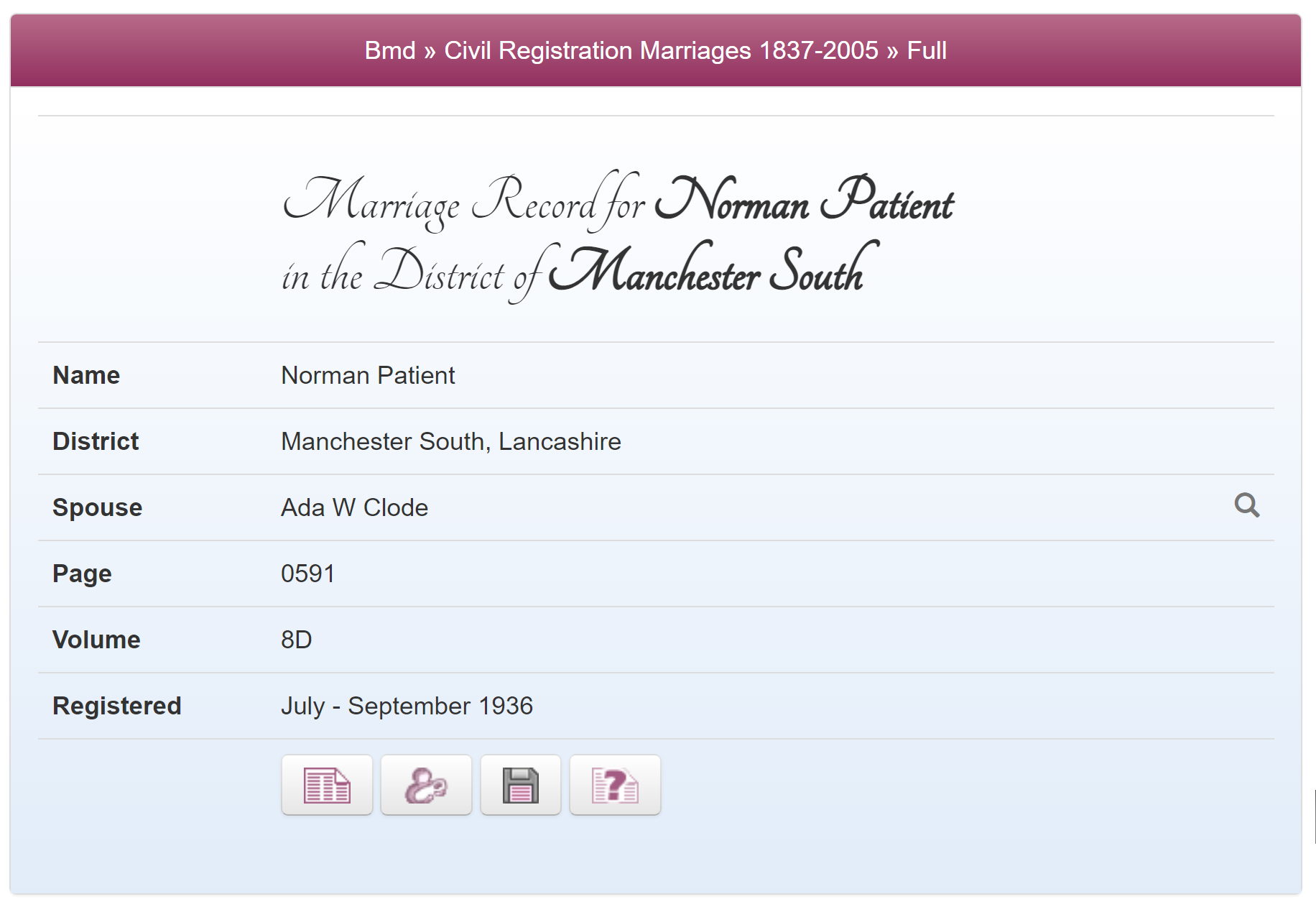 Norman and Ada's marriage record